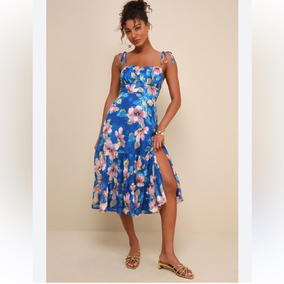 NEW Lulus Tea Party Chic Floral Print Tie Strap Tiered Midi Dress - Picture 1 of 6
